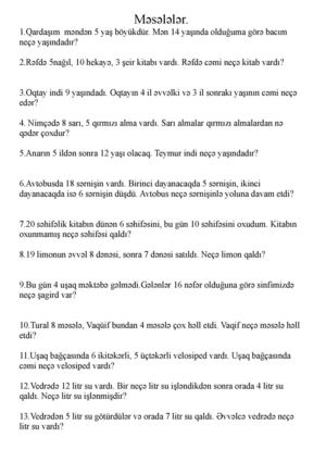 1-ci sinif 2-ci yar məsələlər