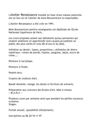Descriptif cours Atelier Renaissance cours d'arts plastiques de POITIERS