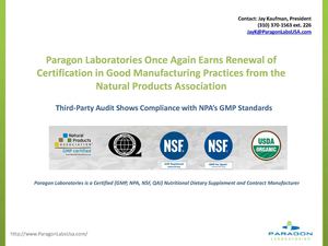 Paragon Laboratories Once Again Earns Renewal of Certification in Good Manufacturing Practices from the Natural Products Association
