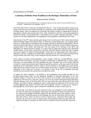 A Journey of Stitches from Tradition to the Heritage: Swati Embroidery