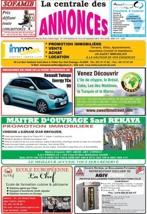 La centrale des Annonces N°1216 semaine du 14 au 20 Septembre 2014