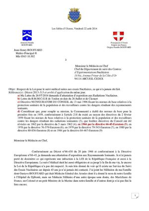 2014-22.08- Lettre au Medecin Chef du Suivi des Essais Nucléaires ARCUEIL
