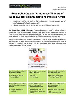 Researchbytes.com Announces Winners of Best Investor Communications Practice Award