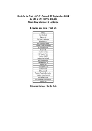 La Rentrée du Foot U6/U7 aura lieu le Samedi 27 Septembre 2014.