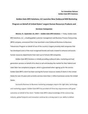 Golden Gate BPO Solutions, LLC Launches New Outbound B2B Marketing Program on Behalf of United States’ Largest Human Resources Products and Services Companies
