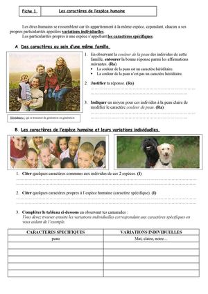 Fiche 1 Les caractères de l'espèce humaine