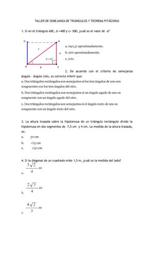 Taller De Semejanza De Triángulos Y Teorema Pitágoras