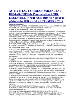 ACTIVITES/DEMARCHES de l'Association AGIR ENSEMBLE POUR NOS DROITS pour la période du 1ER au 30 SEPTEMBRE 2014