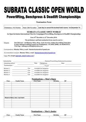 NOMINATION FORM OF SUBRATA CLASSIC  International Powerlifting, Benchpress And Deadlift Competition 2014 INDIA