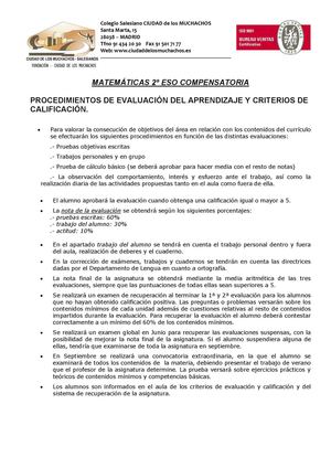 Criterios Evaluación Calificación Matemáticas Compensatoria 2º Eso