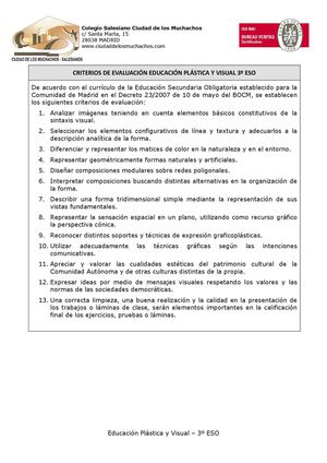 Criterios Evaluación Calificación Plástica Visual 3º Eso