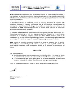 Sig Pol 002 Politica De No Alcohol Tabaquismo Y Farmaco Dependencia