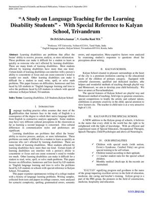 Ijsrp - “A Study on Language Teaching for the Learning  Disability Students” -  With Special Reference to Kalyan  School, Trivandrum