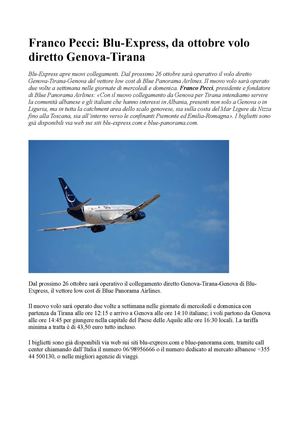 Franco Pecci Blu Express Da Ottobre Volo Diretto Genova Tirana