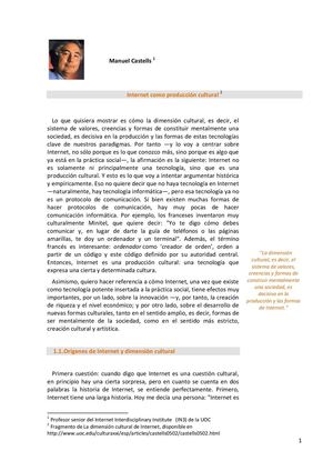 Castells Manuel Internet Como Producción Cultural