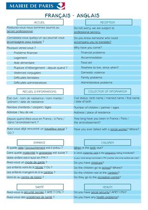 Fiches linguistiques pour l'accueil des usagers des services sociaux