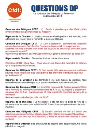 Questions des Délégués Du Personnel CFDT octobre 2014