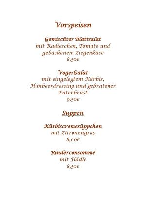 Speisekarte der Zirbelstube in Marburg