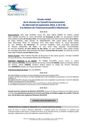 Compte-rendu du Conseil Communautaire du 24 septembre 2014