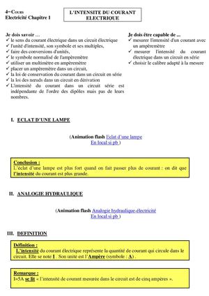 4e électricité chp1 cours INTENSITE DU COURANT ELECTRIQUE