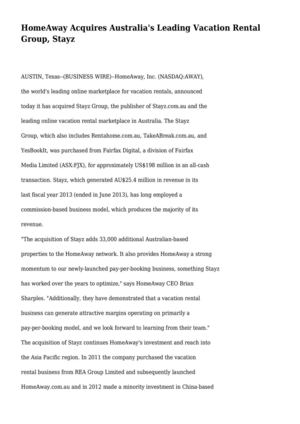 HomeAway Acquires Australia's Leading Vacation Rental Group, Stayz