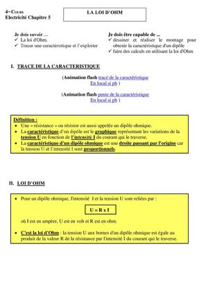 4e électricité chp5 cours loi d'ohm