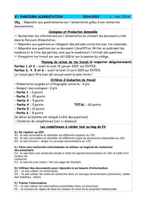 Parcours Alimentation SVT 6e