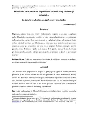 Artículo: Dificultades en la resolución de problemas matemáticos y su abordaje  pedagógico.