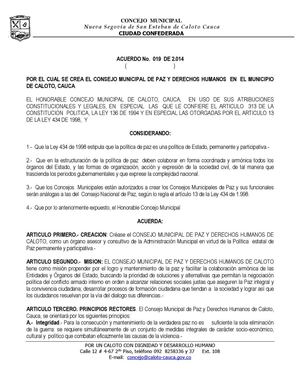Acuerdo No 019 Consejo De Paz Municipio De Caloto