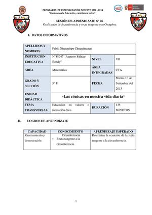 Sesión Nº 6 :GRAFICANDO RECTAS TANGENTE A LA CIRCUNFERENCIA CON GEOGEBRA.