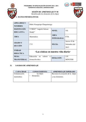 Sesión Nº 8: Identificando los elementos de la elipse
