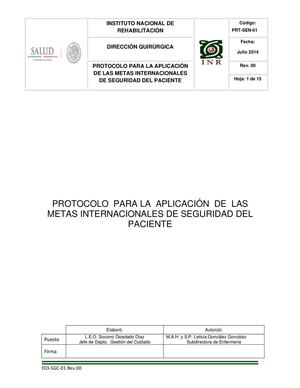 Protocolo Para La Aplicación De Las Metas Internacionales De Seguridad Del Paciente