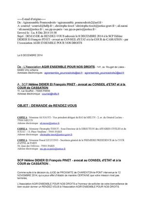 Demande De Rendez Vous Adressée Le 8 Decembre 2014 à La Scp Hélène Didier Et François Pinet Avocat Au Conseil D'etat Et à La Cour De Cassation , Par L'association Agir Ensemble Pour Nos Droits