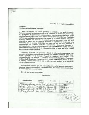 Solicitud de Rendición de cuentas y Actas de Contraloria Municipal