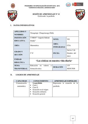 Sesión Nº 12; Graficando  la parábola