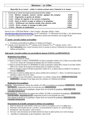 Fiche Travail Simulateur Et Tableur E3 La Loi D Ohm