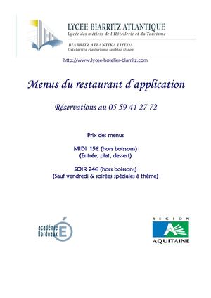 Carnet De Menus2nd Semestre Lycée Hôtelier De Biarritz
