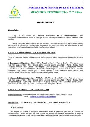 Règlement 35ème édition FOULEES TRINITENNES - Mercredi 31 décembre 2014
