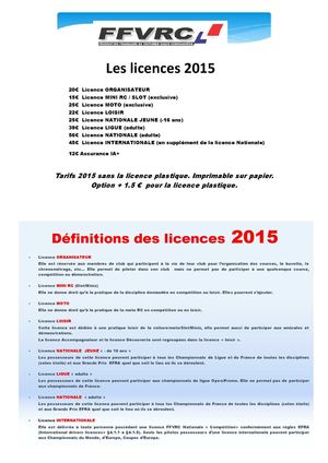 Tarifs Licences Ffvrc 2015