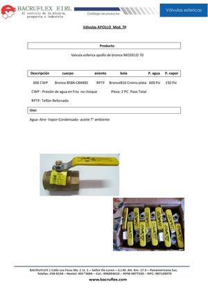 Valvulas Esfericas Apolo Modelo 70 -BACRUFLEX