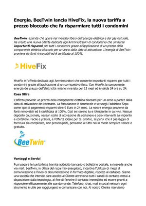 BeeTwin energia lancia HiveFix, la tariffa che fa risparmiare tutti i condomini