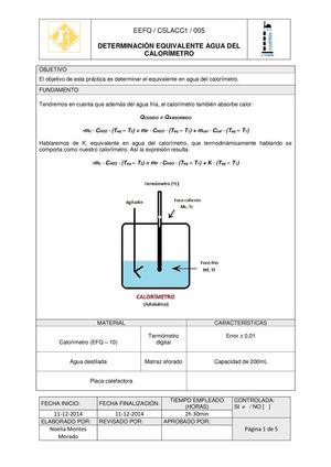 Práctica 5, Determinación Equivalente Agua Del Calorímetro