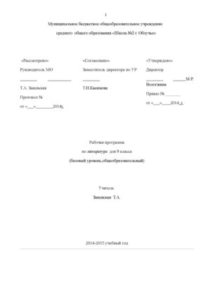 Рабочая  программа по литературе 9 кл