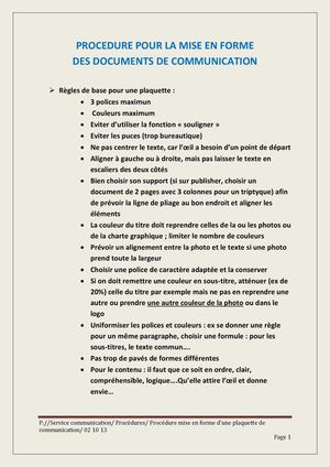 Procedure Pour La Mise En Forme D'un Plaquette De Communication