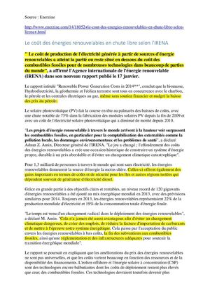 Rapport Irena Coûts Des Enr Enerzine Du 20 01 2015