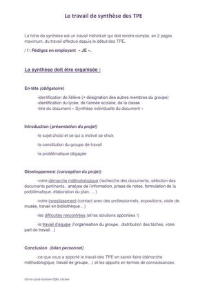La Fiche De Synthèse