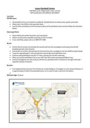 Britannia Luton paintballing centre directions & map