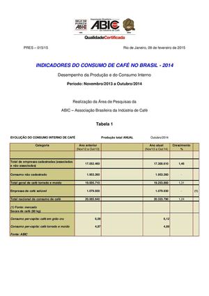 INDICADORES DO CONSUMO DE CAFÉ NO BRASIL - 2014 Abic Graficos Do Setor De Torrefacao 2014