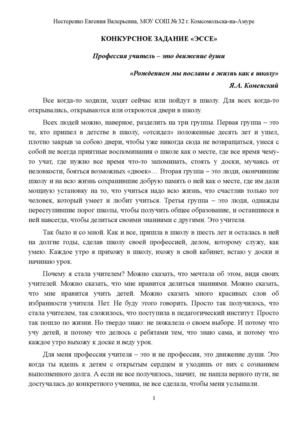 Эссе. Нестеренко Евгения Валерьевна. Номинация Лучший учитель года..