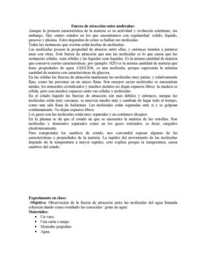 Fuerza De Atracción Entre Moléculas, Comentario Del Experimento En Clase